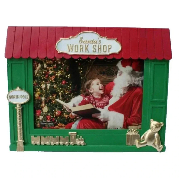 New Resin Santa Claus Work Shop North Pole Christmas Picture Frame 4"x6" - Picture 1 of 2